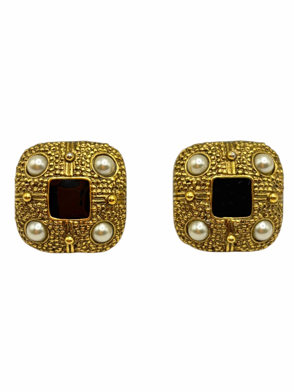 Vintage 80s Etruscan Revival Gold Tone Black Onyx and Pearl Statement Earrings